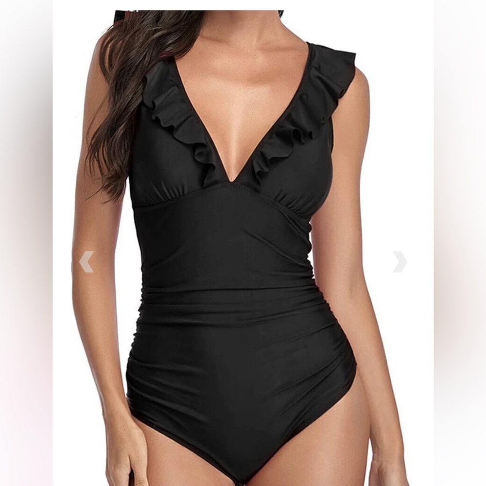Summer Mae Black One Piece Ruffled Swimsuit Swimwear size S